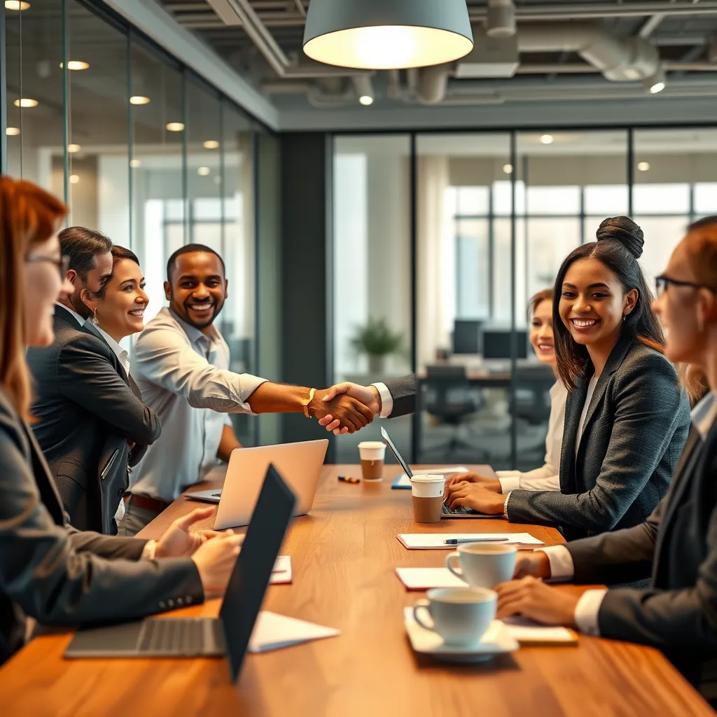 A photorealistic image of a business meeting in a modern office setting with people of diverse backgrounds shaking hands and smiling. They are surrounded by laptops, documents, and coffee cups, emphasizing a collaborative and positive environment.