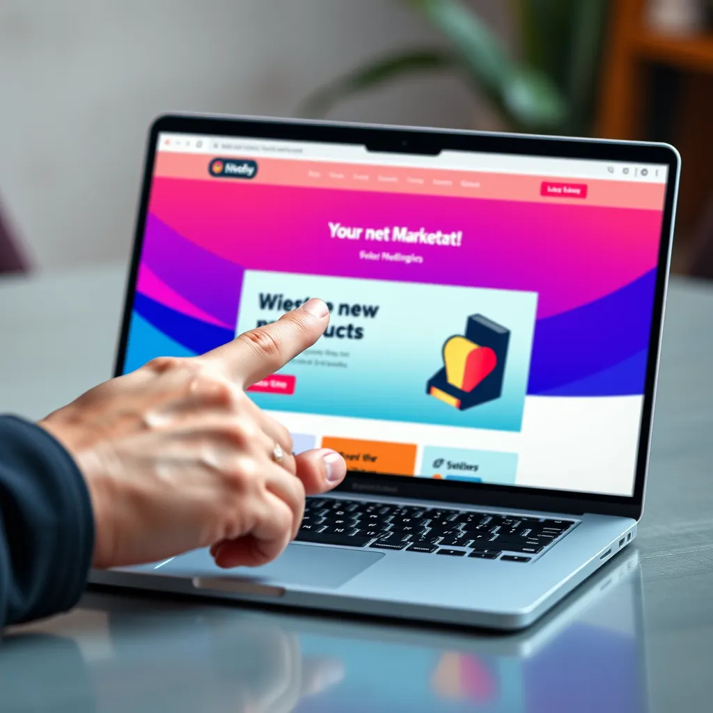 A photorealistic image of a laptop screen showing a website with a vibrant and engaging design.  A hand is pointing at a banner ad for a new product with a bold call to action, highlighting a strategy for effective marketing.
