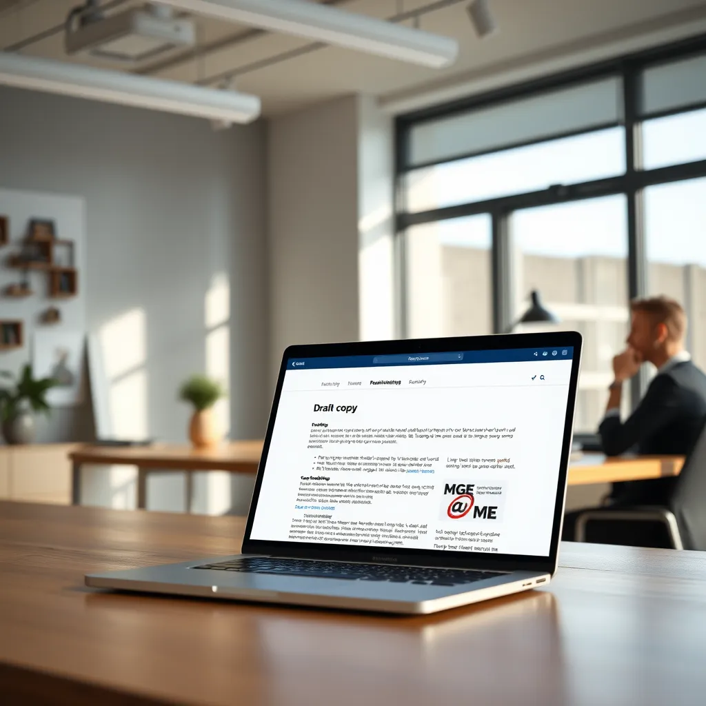 A photorealistic image of a modern, minimalist workspace with a laptop displaying an email marketing platform. The screen shows a draft email with engaging copy and a visually appealing design. In the background, a person is sitting at a desk, thoughtfully reviewing the email content. The lighting should be bright and natural, with a focus on highlighting the screen and email design. The image should convey a sense of professionalism, efficiency, and customer engagement. The image should be rendered in 8K resolution and with hyperrealistic detail, focusing on realistic textures and materials.