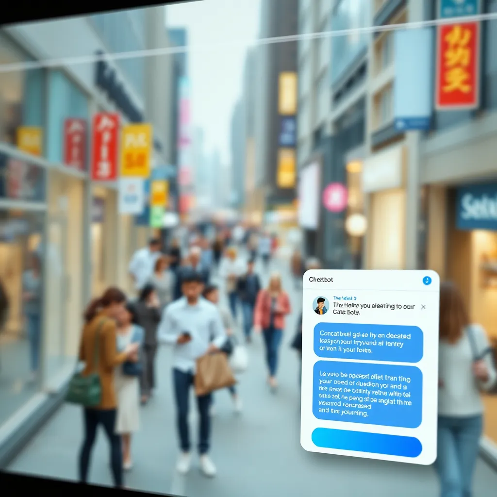 A photorealistic image of a modern, clean website with a sleek chatbot interface in the bottom right corner. The chatbot window is open with a friendly, conversational greeting and an animated avatar. The website background features a blurred image of a bustling city street with a focus on a diverse group of people interacting with technology.  The image should convey a sense of ease, accessibility, and innovation. The lighting should be soft and diffused, with a warm color palette. The image should be rendered in 8K resolution and with hyperrealistic detail, focusing on realistic textures and materials.