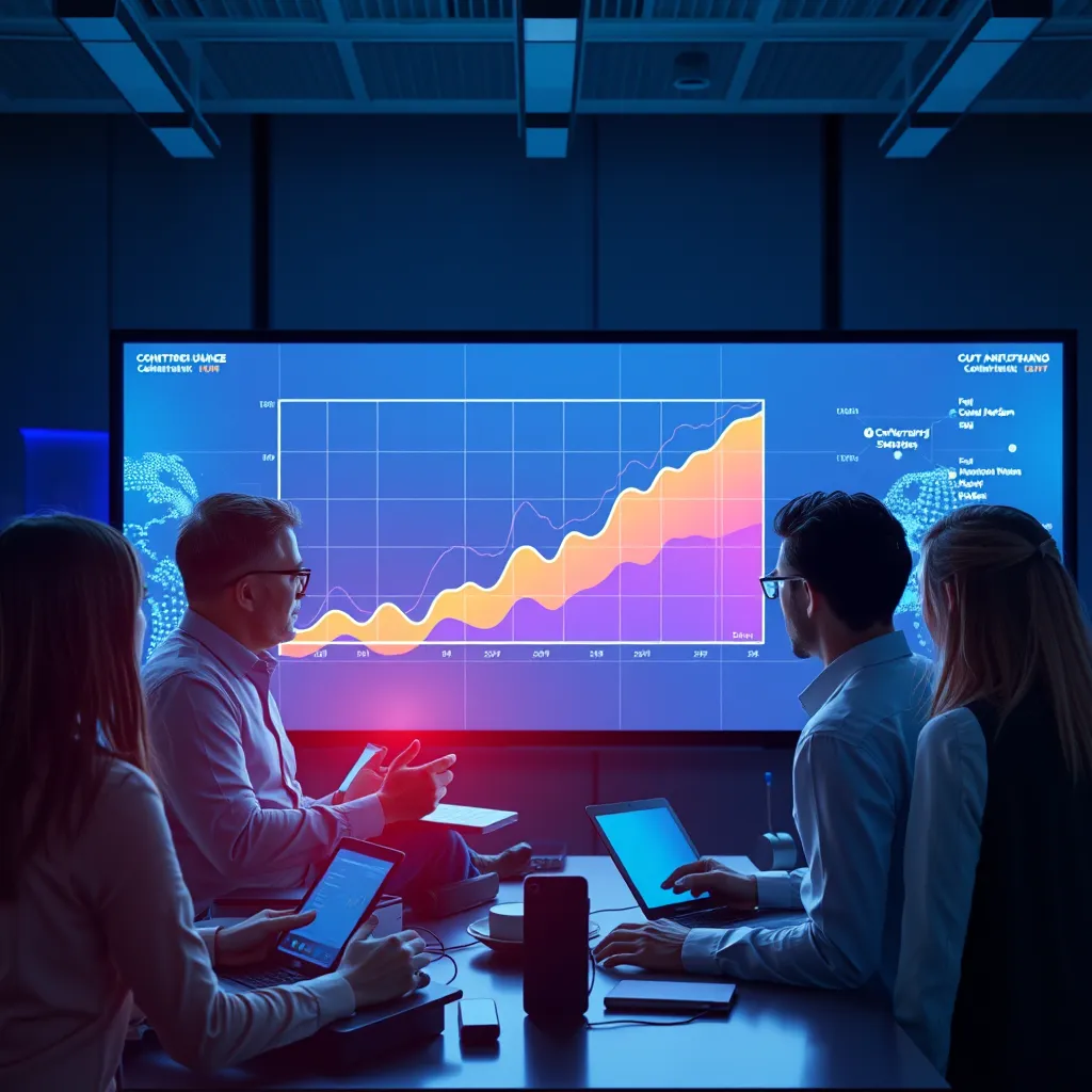 A photorealistic image of a team of business professionals looking at a large screen displaying a dynamic graph that showcases growth and change.  They are surrounded by innovative devices and technology, symbolizing agility and adaptability in a changing business environment.