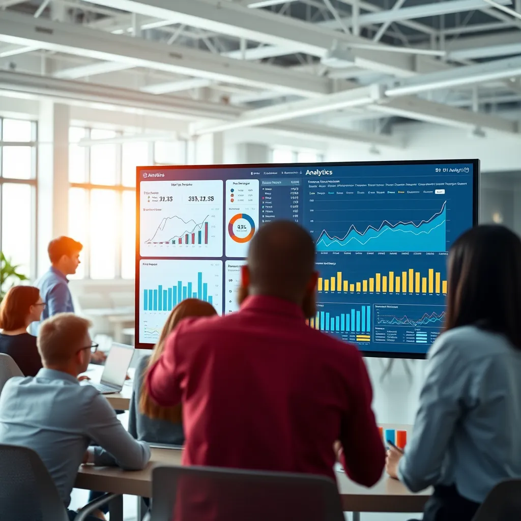 A photorealistic image of a web analytics dashboard with various charts, graphs, and data visualizations. The dashboard is displayed on a large monitor in a modern, open-plan office setting. In the background, a team of professionals are collaborating, analyzing the data, and discussing strategies for website optimization. The lighting should be bright and natural, with a focus on highlighting the data visualizations and the team's focused expressions. The image should convey a sense of professionalism, data-driven decision-making, and growth. The image should be rendered in 8K resolution and with hyperrealistic detail, focusing on realistic textures and materials.