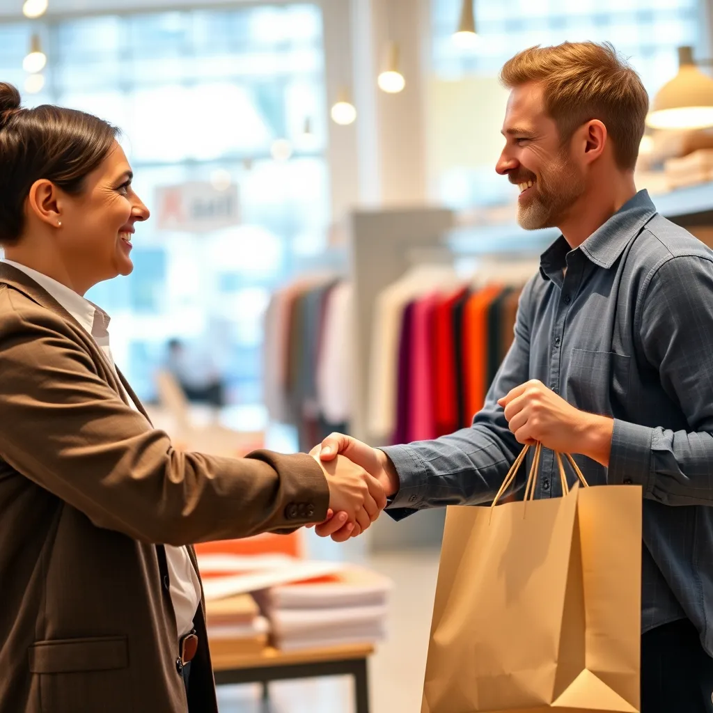 A smiling business owner shaking hands with a satisfied customer. They are standing in a retail store with a bright, welcoming atmosphere. The customer is holding a shopping bag and is happy with their purchase.