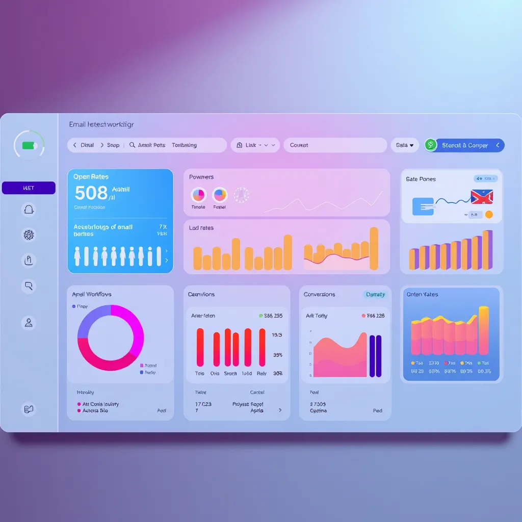  A vibrant and modern email marketing dashboard with automated workflows and email templates. The dashboard should display various data points like open rates, click-through rates, and conversions, showcasing the power of automation.