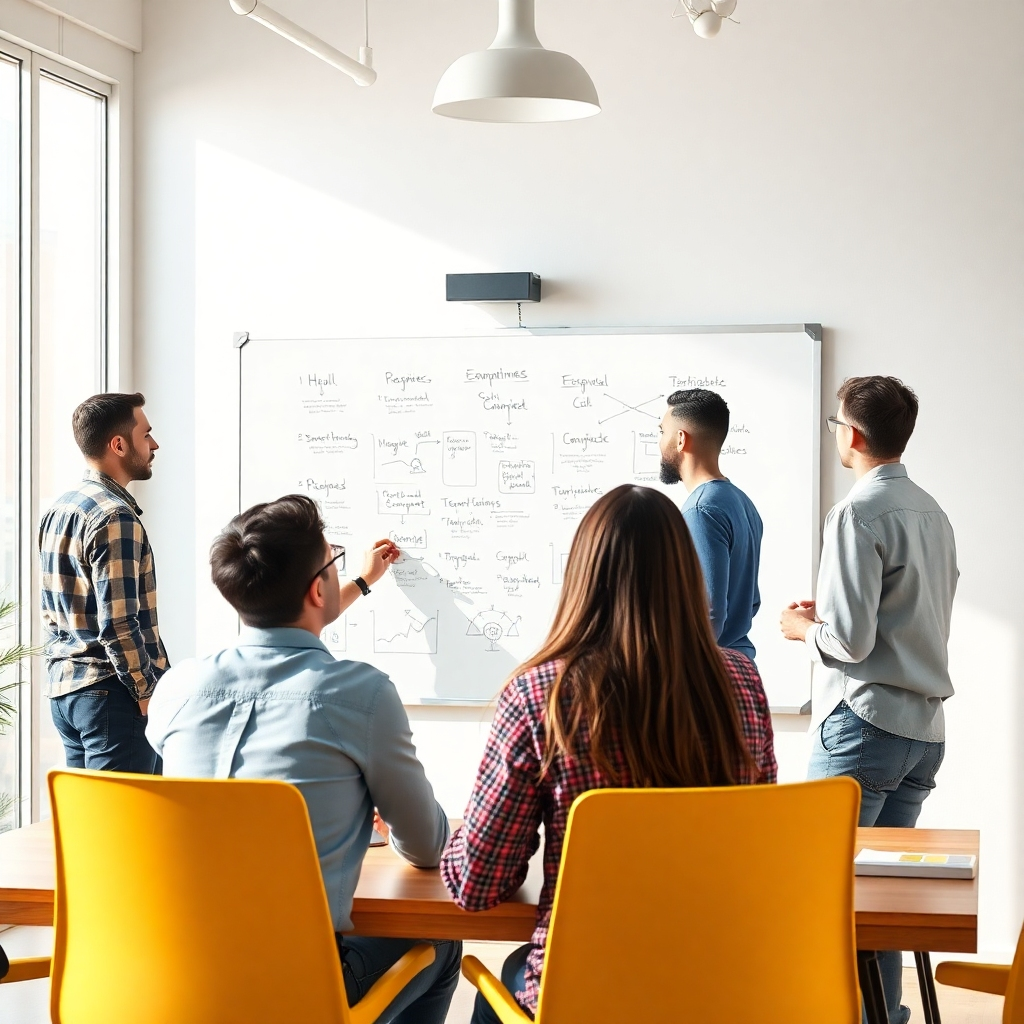 Create a photorealistic image showcasing a team participating in a workshop, brainstorming ideas on a whiteboard. Emphasize collaboration and creativity. Bright and inspiring environment. 4k Resolution.