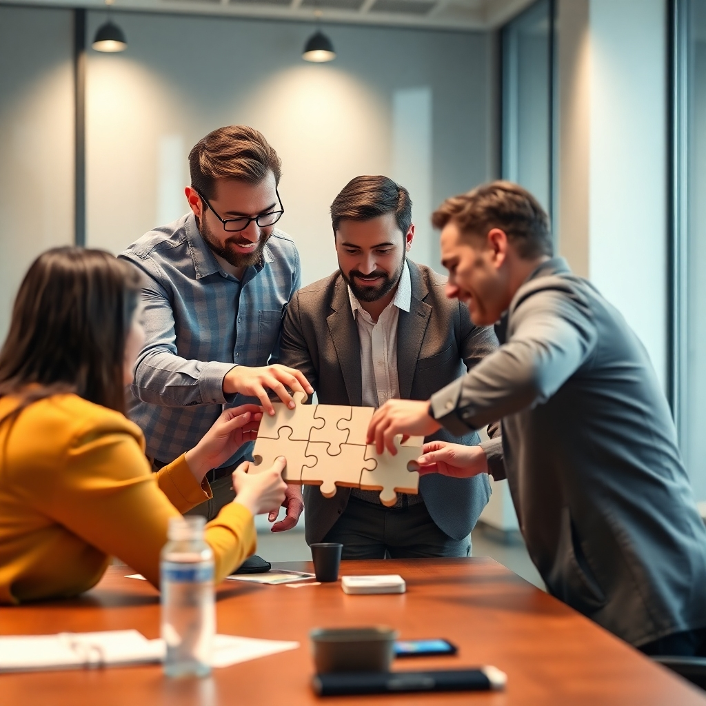 Create a photorealistic image depicting a sales training session. Participants are actively engaged, solving a complex puzzle together, symbolizing problem-solving. Modern training room, dynamic lighting. 4k Resolution.