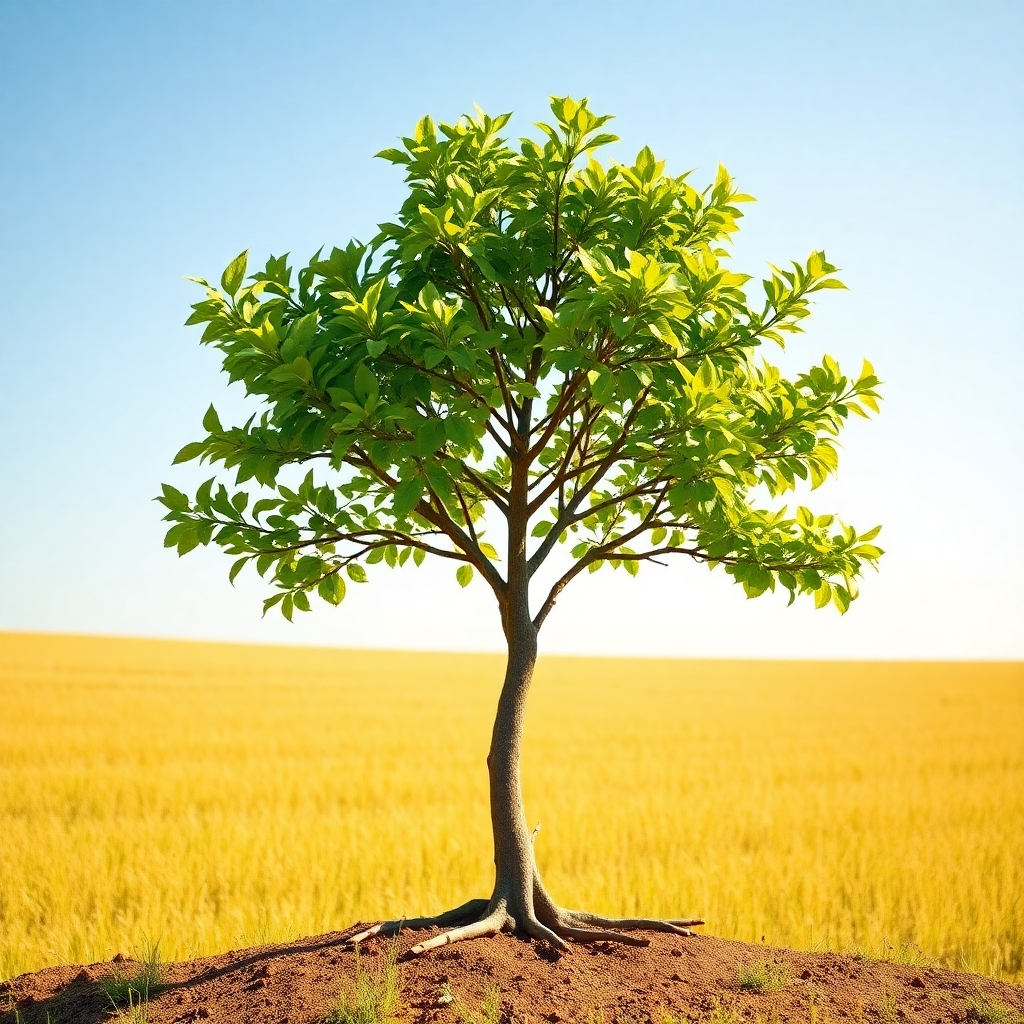 Create a photorealistic image of a growing tree, symbolizing the long-term growth of a successful sales relationship. The tree is healthy and strong. The background is a bright and sunny field. 4K resolution.