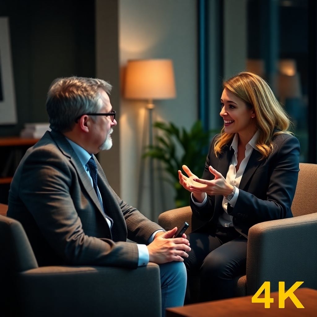 Create a photorealistic image of a one-on-one coaching session. The coach is actively listening and providing guidance to the sales professional. Warm and supportive environment. 4k Resolution.