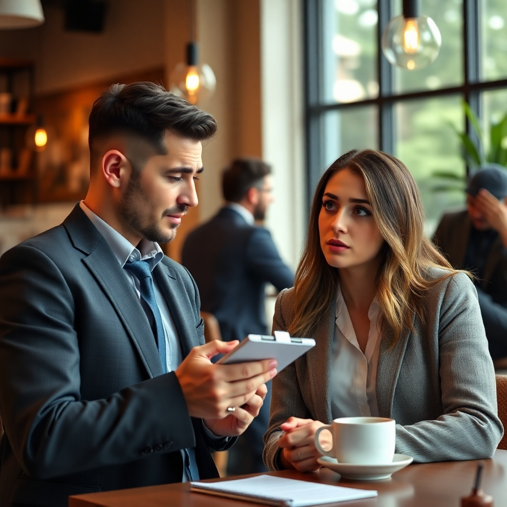 Create a photorealistic image depicting a sales professional actively listening to a customer. The customer appears frustrated, while the sales professional is maintaining eye contact and taking notes. The environment is a warm and inviting coffee shop. Soft, natural lighting. Focus on empathetic facial expressions. 4K resolution.