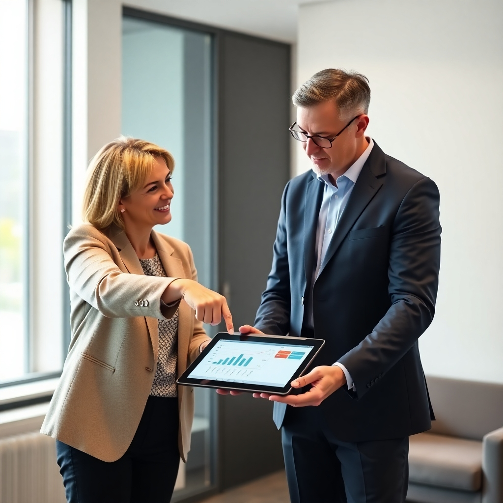 Create a photorealistic image of a coach working one-on-one with a sales professional, providing personalized guidance. The coach is pointing to a chart on a tablet. The environment is a quiet office space. 4K resolution.