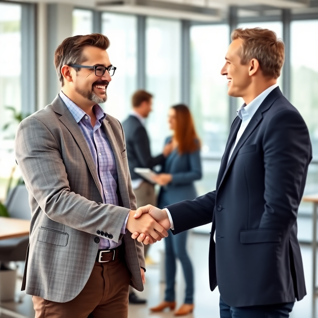Create a photorealistic image of a sales professional shaking hands with a satisfied customer. Both individuals are smiling genuinely. The environment is a modern office space with natural light. 4K resolution.