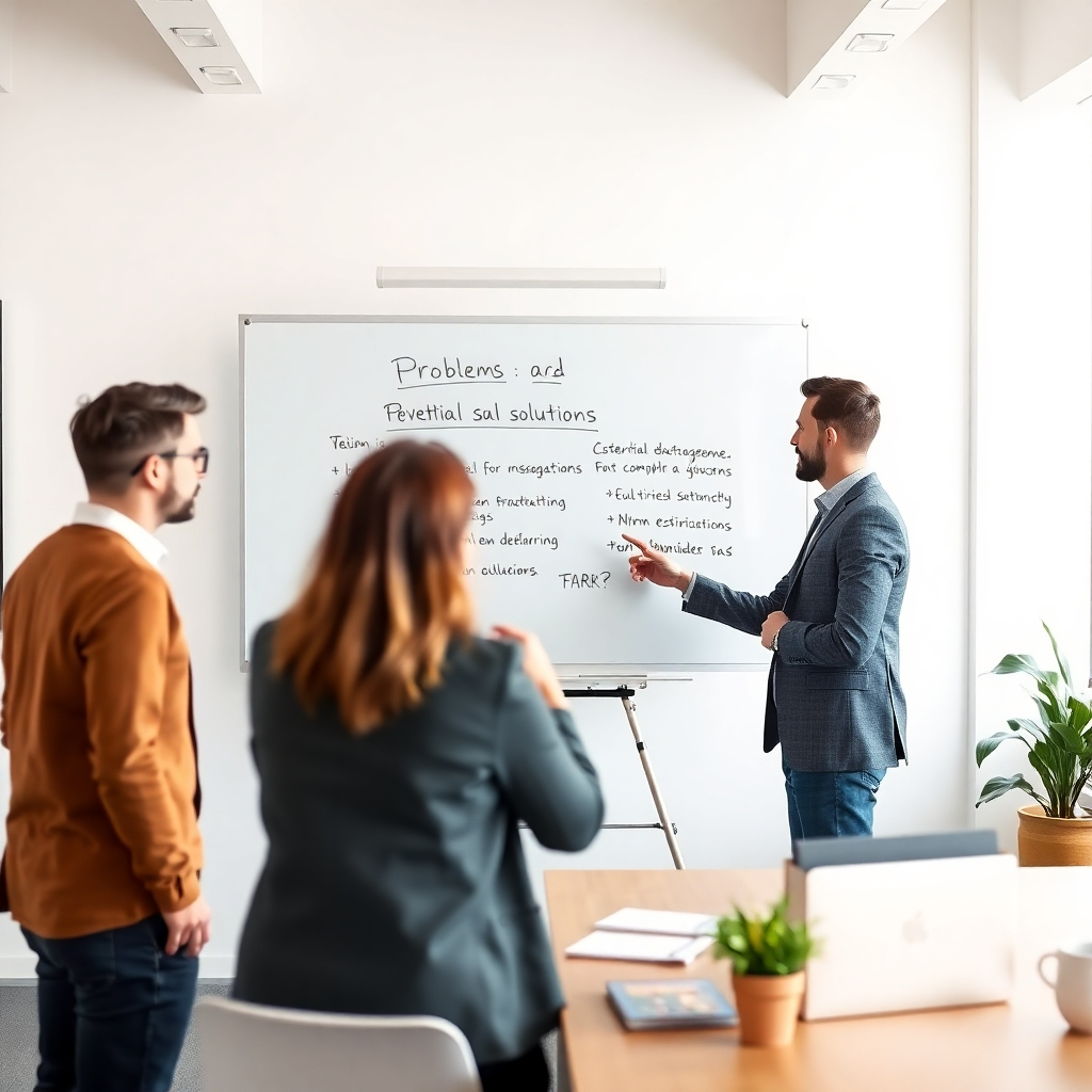 Create a photorealistic image of a collaborative brainstorming session between a sales team and a customer. Whiteboard with problem statement and potential solutions. Open and engaging body language. Bright and airy office space. 4K resolution.