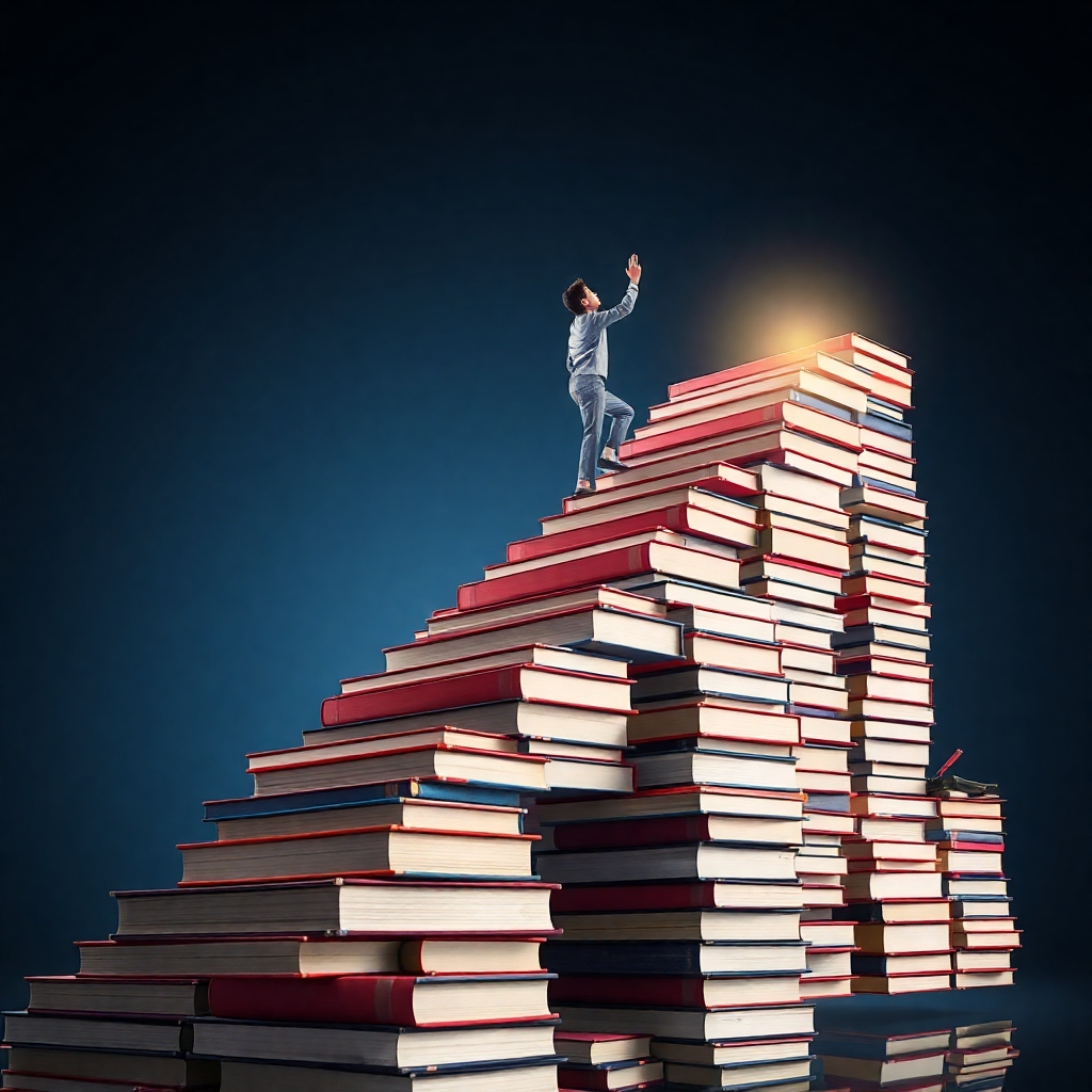 Create a stylized image of a person climbing a staircase made of books, symbolizing the power of knowledge to achieve success. Bright and inspiring lighting. 4K resolution.
