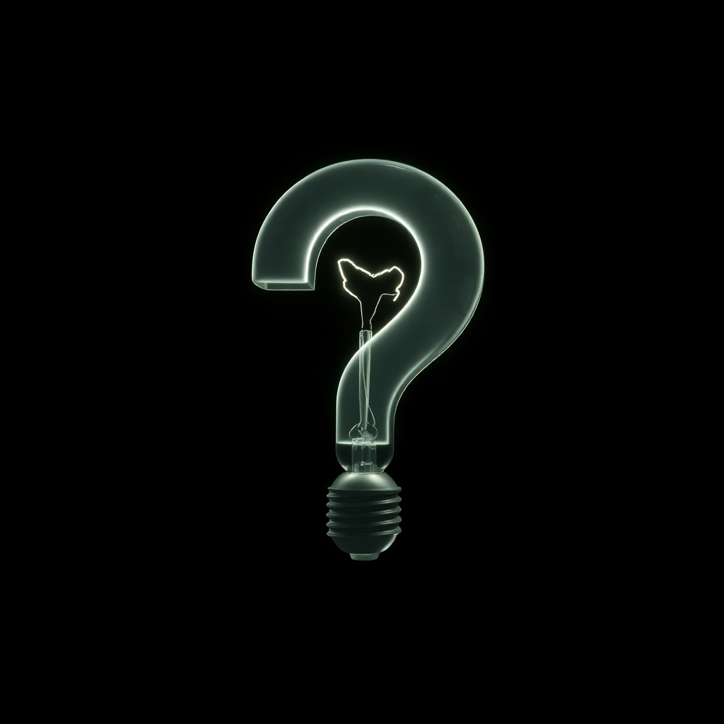Create a stylized image of a question mark transforming into a lightbulb, symbolizing the power of strategic questioning to uncover insights. Dark background with a bright, glowing question mark. 4K resolution.