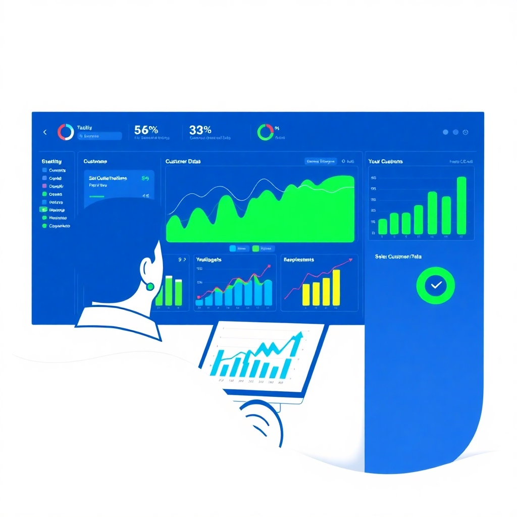 Create a stylized image of a sales professional analyzing a dashboard with customer data. Graphs and charts are prominently displayed. The color palette is blue and green, representing data and growth. Modern, minimalist design. 4K resolution.