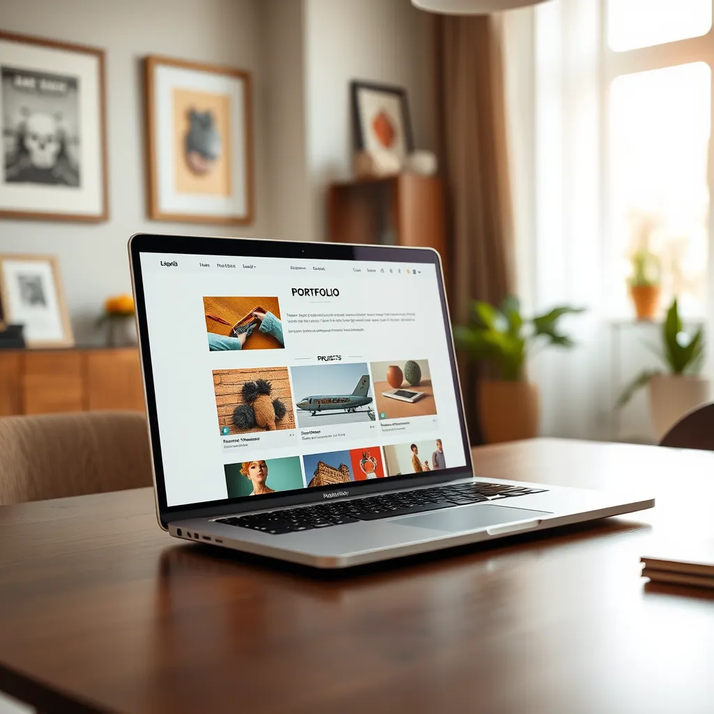 A beautifully designed portfolio website displayed on a sleek laptop screen, showcasing vibrant images of artwork, photography, and projects. The setting is a stylish home office with natural light filtering in, creating a warm and inviting atmosphere.