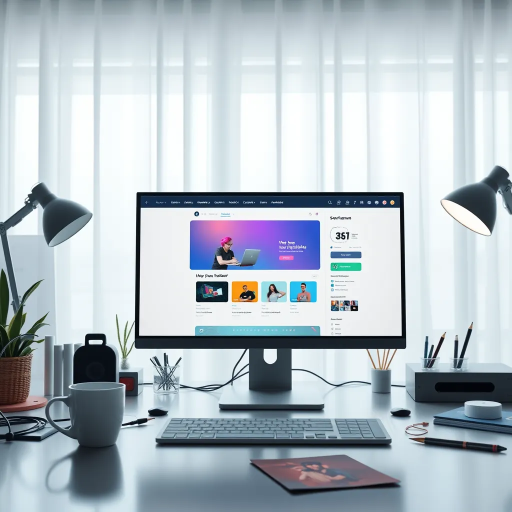 A bright, modern workspace featuring a computer screen displaying a user-friendly website builder interface. Include elements like a coffee cup and design materials surrounding the workspace, illustrating a creative and productive environment.