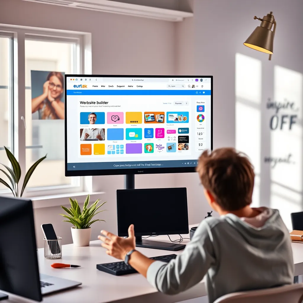 A bright, modern workspace featuring a computer screen displaying a user-friendly website builder interface. Below, colorful drag-and-drop elements are being manipulated by a user, who appears engaged and enthusiastic. The background includes design elements like a plant and an inspiring quote.