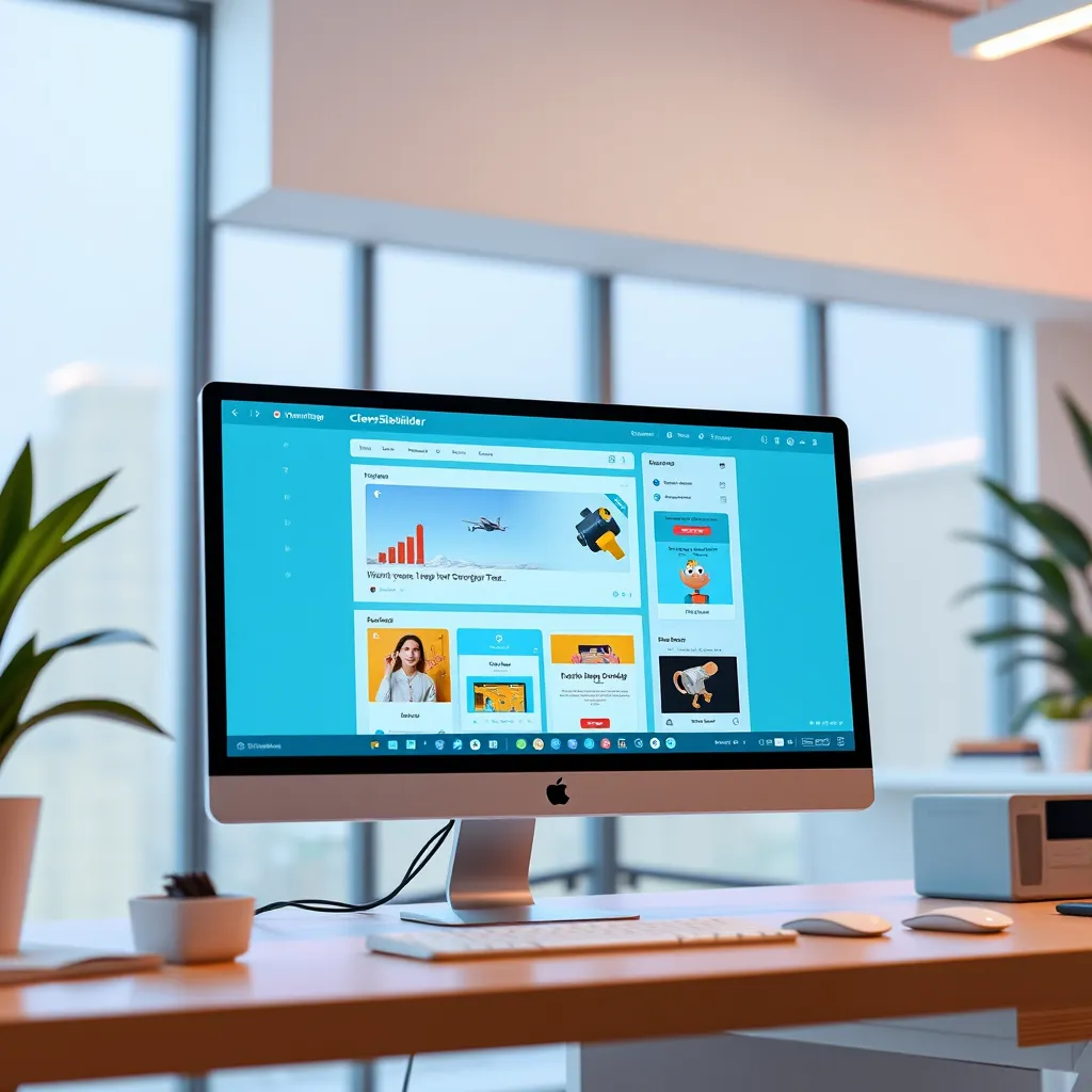 A bright, modern workspace showing a computer screen with a sleek, user-friendly interface of CleverSitebuilder AI. Include visual elements like drag-and-drop tools, clear navigation menus, and a variety of customizable website templates displayed on the screen.