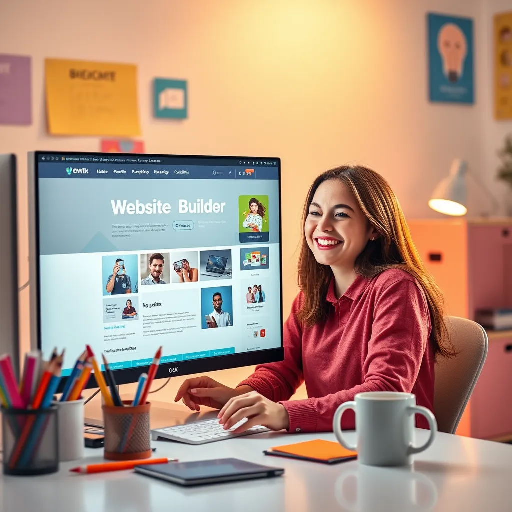 A bright and colorful workspace featuring a computer screen displaying a user-friendly website builder interface with drag-and-drop features. Include a person happily using it, surrounded by stationery and a coffee mug, aiming at a professional website.