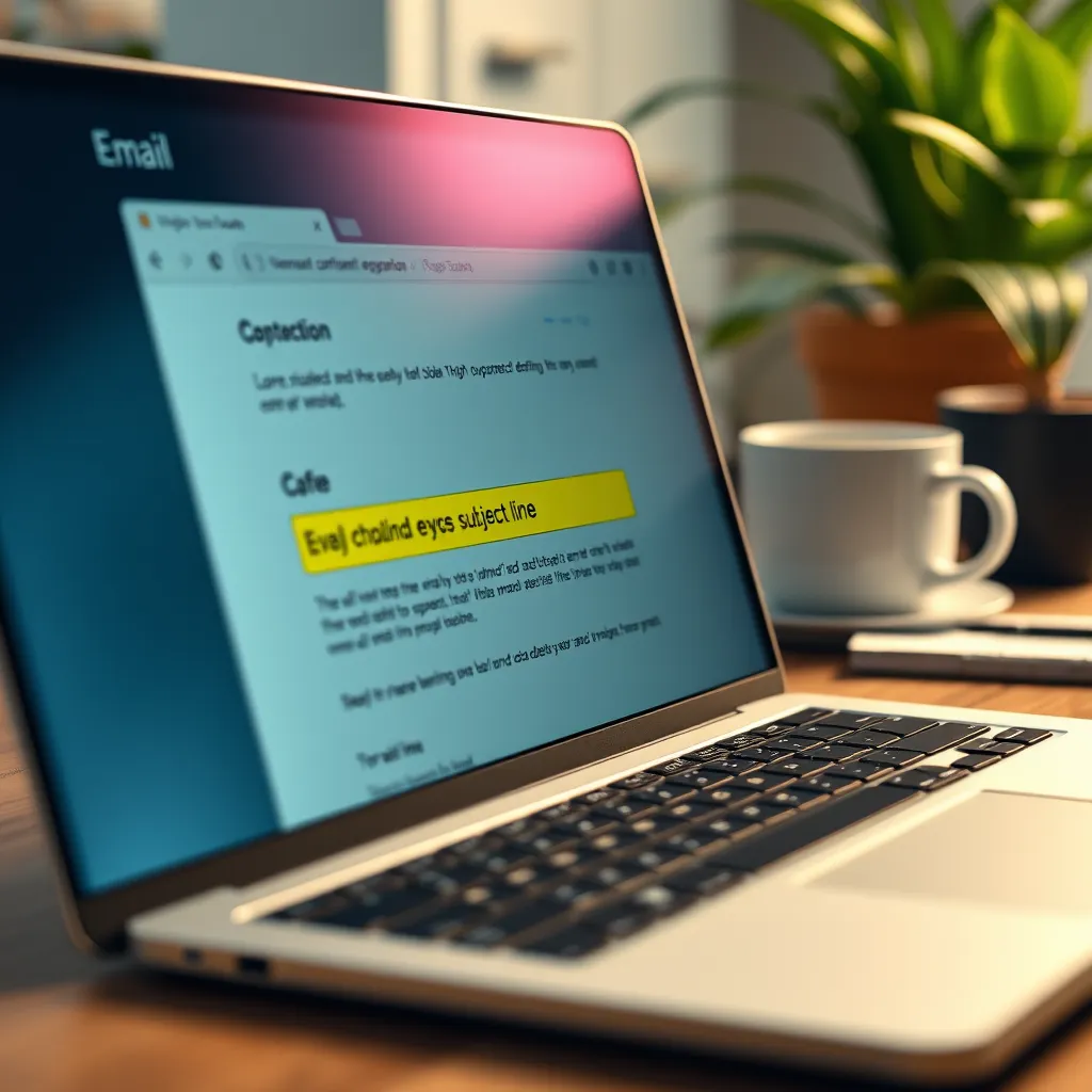 A close-up of a laptop screen displaying an email composition interface with an eye-catching subject line highlighted. Background includes a cozy workspace with a coffee cup, notepad, and green plant to create a productive atmosphere.