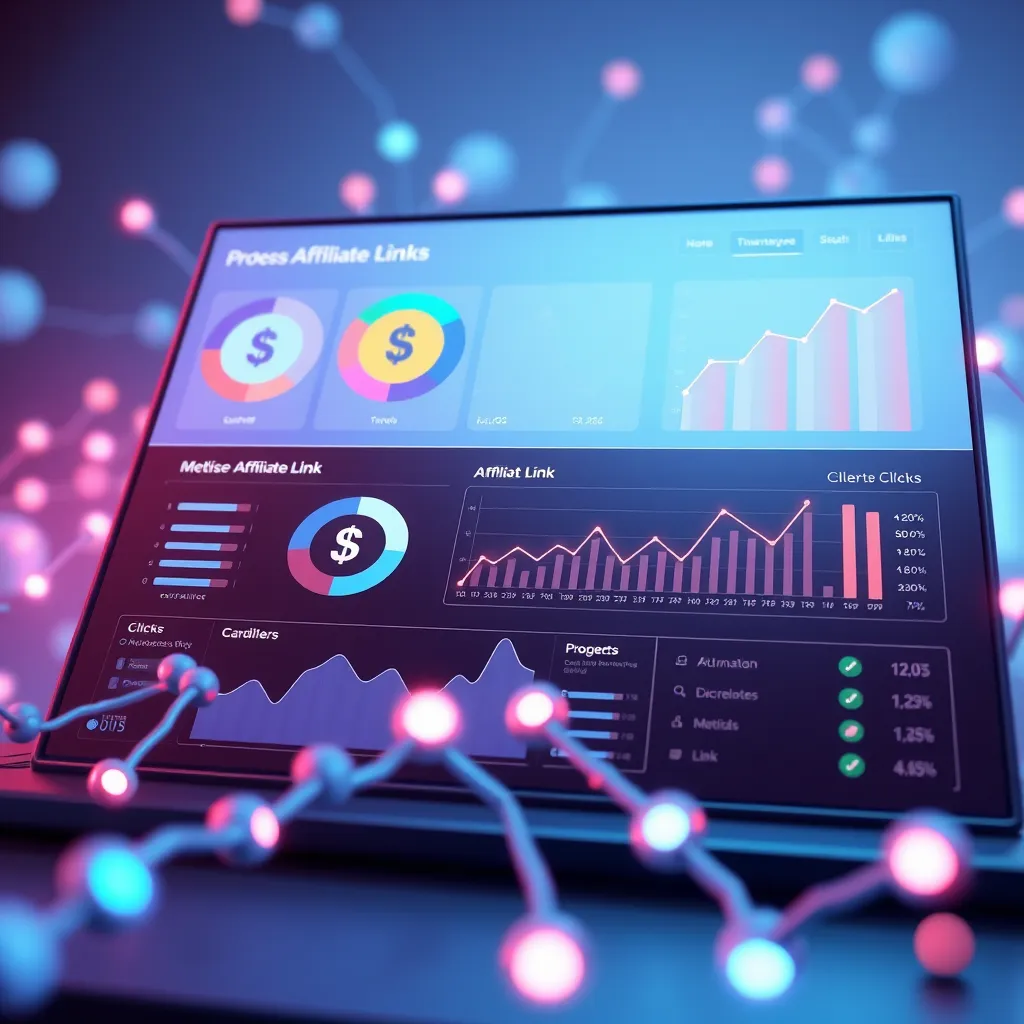 A conceptual illustration of a website dashboard that highlights affiliate link metrics, including earnings and clicks. Include icons of dollar signs, charts showing growth and performance, and a visual representation of links connecting to different digital platforms or products.