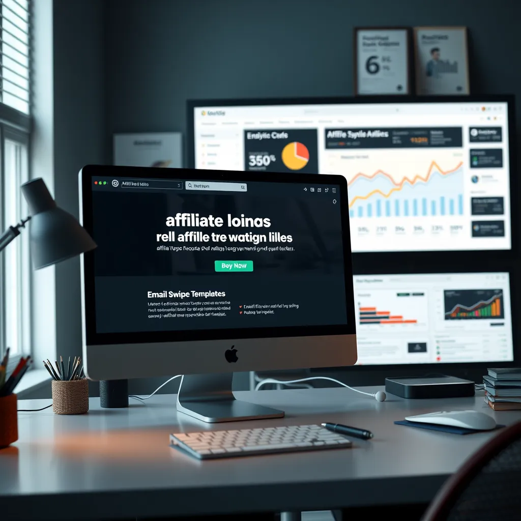 A creative workspace with a desktop showing a website featuring affiliate marketing links. In the background, a digital display highlights email swipe templates and analytics reports, illustrating a seamless integration of marketing strategies and web design.