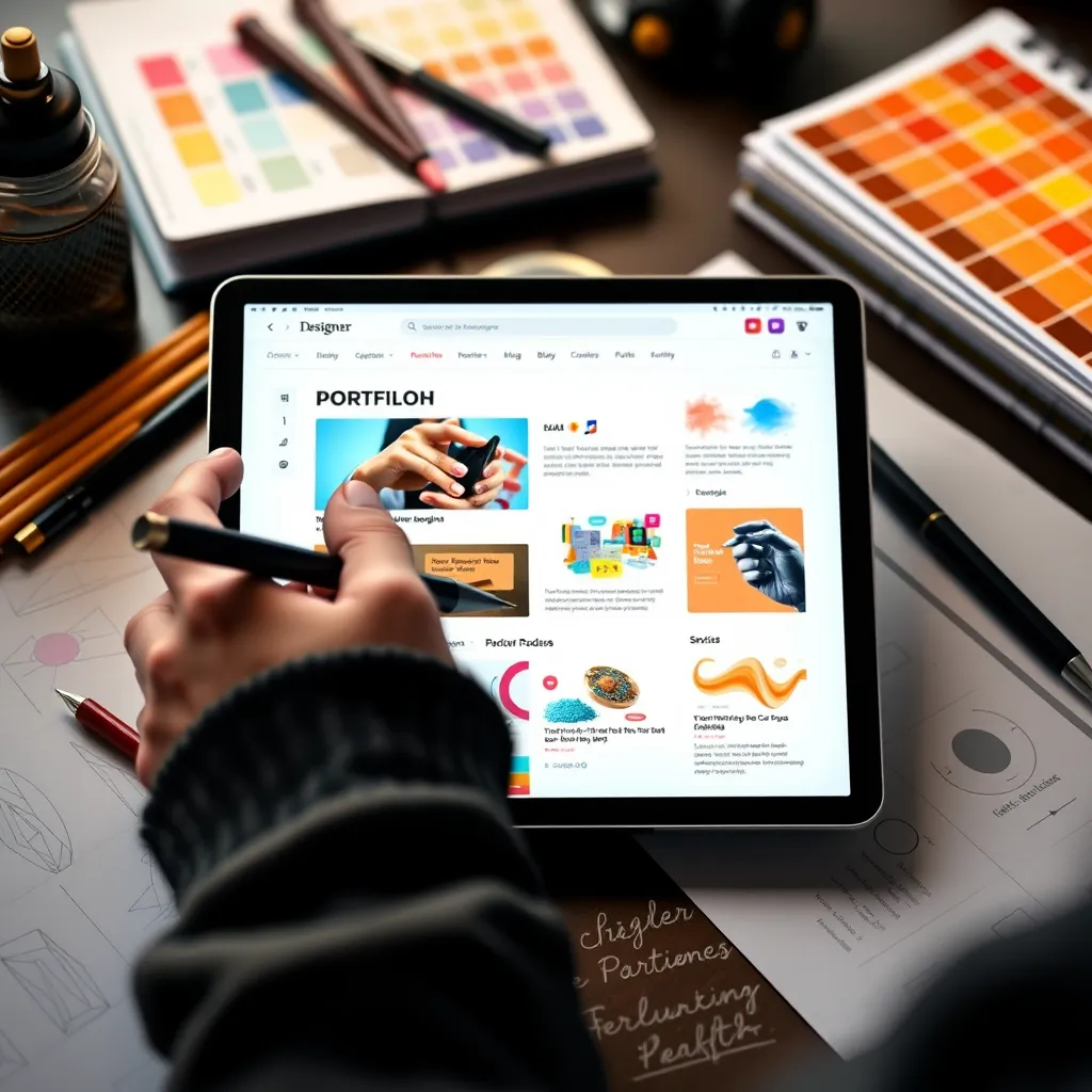 A designer crafting a portfolio website on a tablet, showing colorful design elements and fonts. The surrounding area includes sketches, color swatches, and creative tools that emphasize a personalized and artistic approach to website creation.