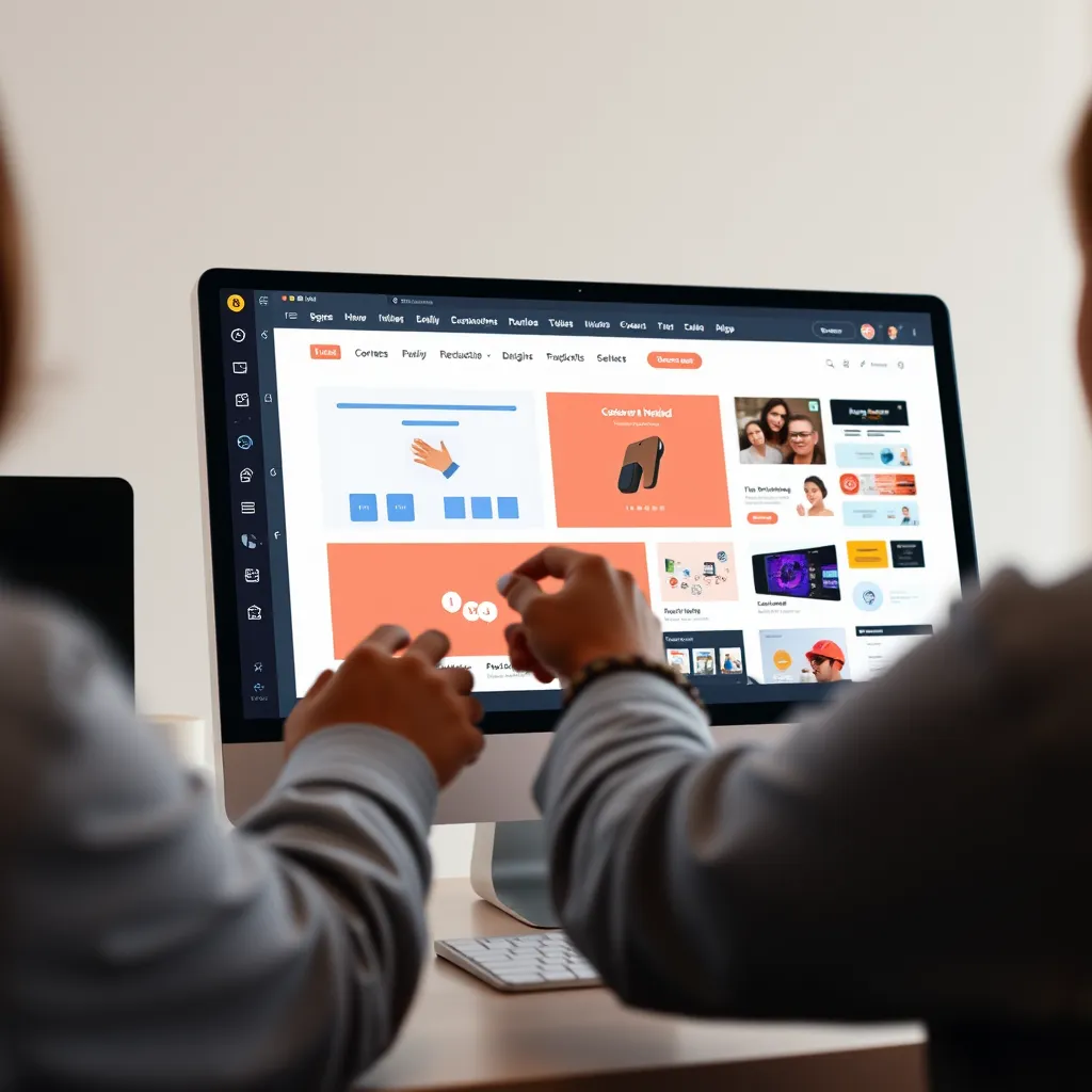 A detailed screenshot of a user-friendly website builder interface featuring drag-and-drop functionality. The screen shows various design elements being easily arranged by a beginner user. The background is bright and inviting, symbolizing ease of use.