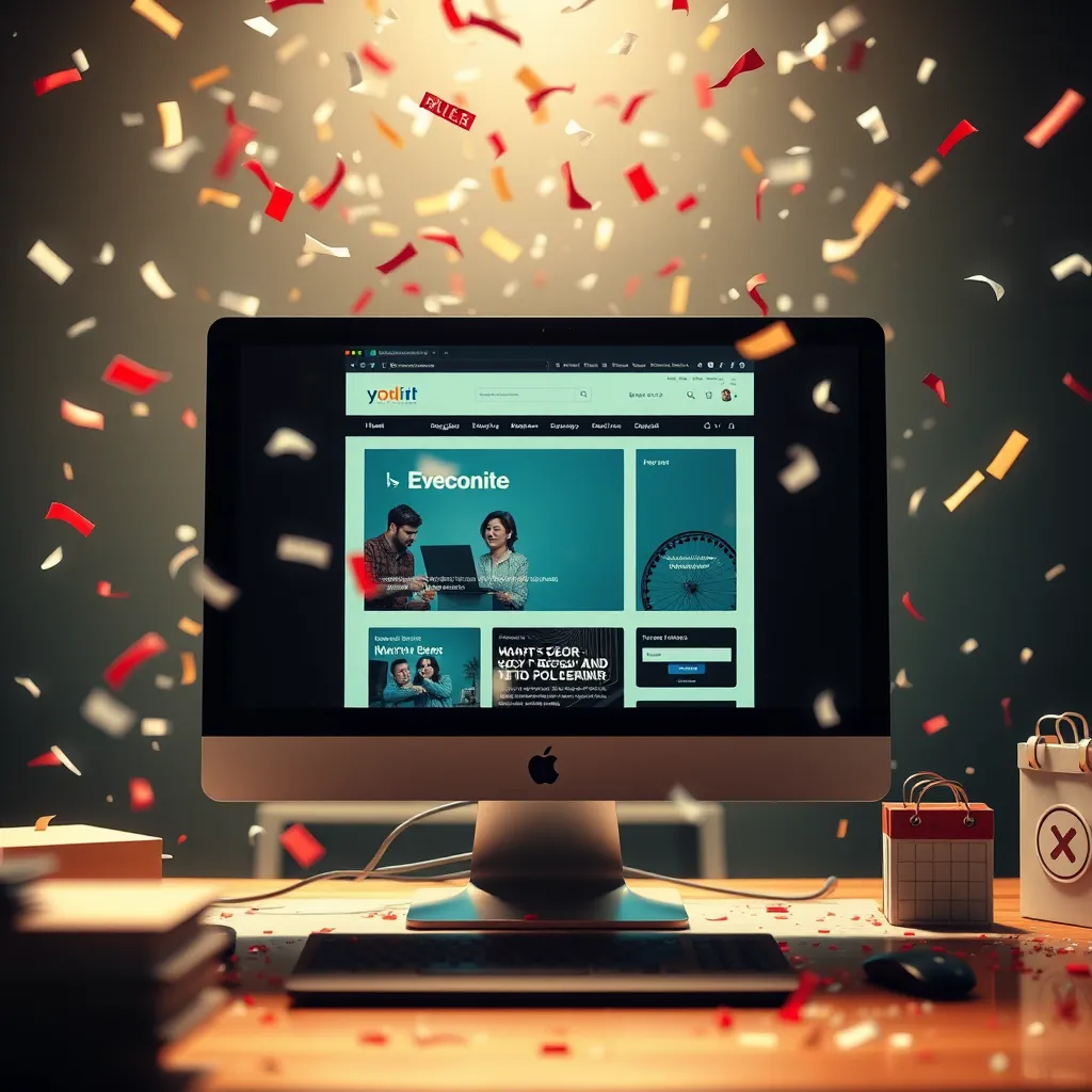 A dynamic scene depicting a website being launched on a computer screen, with celebratory elements like confetti in the air. Include visual cues like a calendar or checklist symbolizing easy maintenance, set in a festive and motivating atmosphere.
