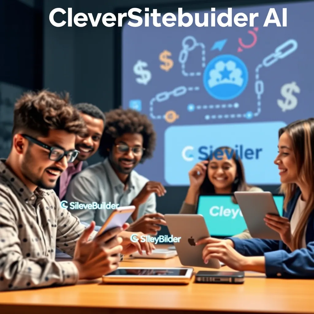 A dynamic scene showcasing diverse individuals promoting CleverSitebuilder AI through various digital devices, with affiliate marketing symbols like dollar signs and link chains in the background, highlighting collaboration and profitability.