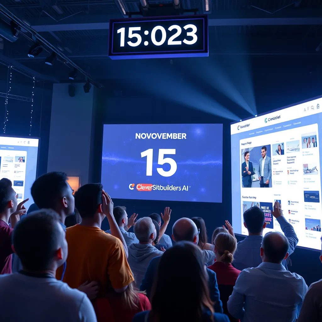 A futuristic digital launch event scene, highlighting a countdown timer at the top showing November 15, 2023, with a diverse group of people excitedly watching on large screens showcasing CleverSitebuilder AI's interface and features in a modern setting.