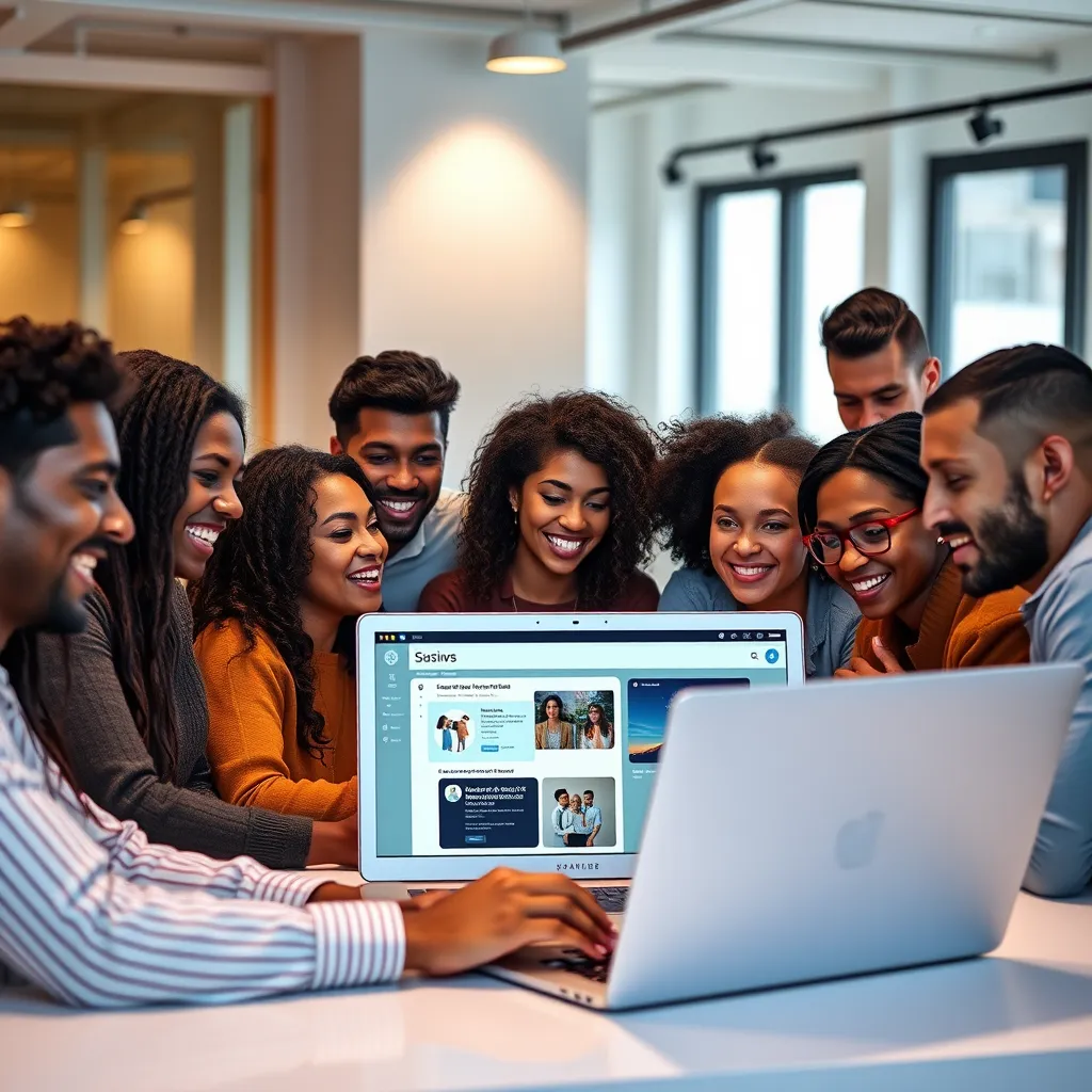 A high-resolution image of a diverse group of people gathered around laptops, looking engaged and excited while using a user-friendly website builder interface. The room is bright and modern, showcasing an atmosphere of collaboration and creativity.