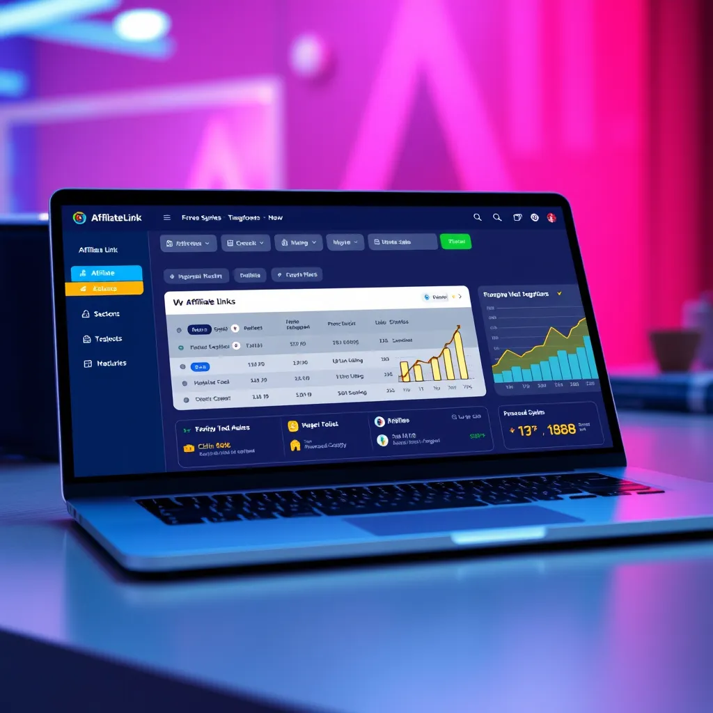 A modern, user-friendly website dashboard showing affiliate link integration features, with highlighted sections indicating ease of use, a sleek interface on a laptop screen, and visually appealing graphs suggesting increased sales. The setting should appear vibrant and tech-savvy.