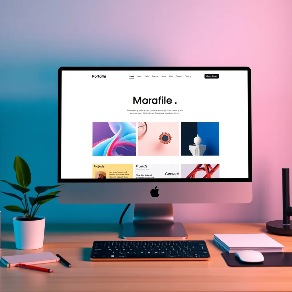 A modern workspace featuring a desktop computer displaying an engaging portfolio website. The screen shows a visually striking layout with sections for 'About Me', 'Projects', and 'Contact'. Include a plant and stationery for an inspiring vibe.