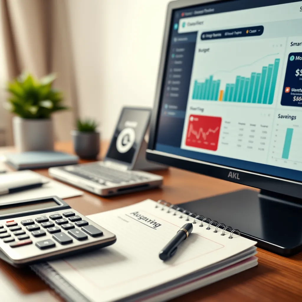A photorealistic close-up shot of a calculator and a notepad with a budget plan, next to a computer screen displaying the CleverSitebuilder AI dashboard. The setting is a home office with soft lighting, symbolizing financial saving and smart decisions.