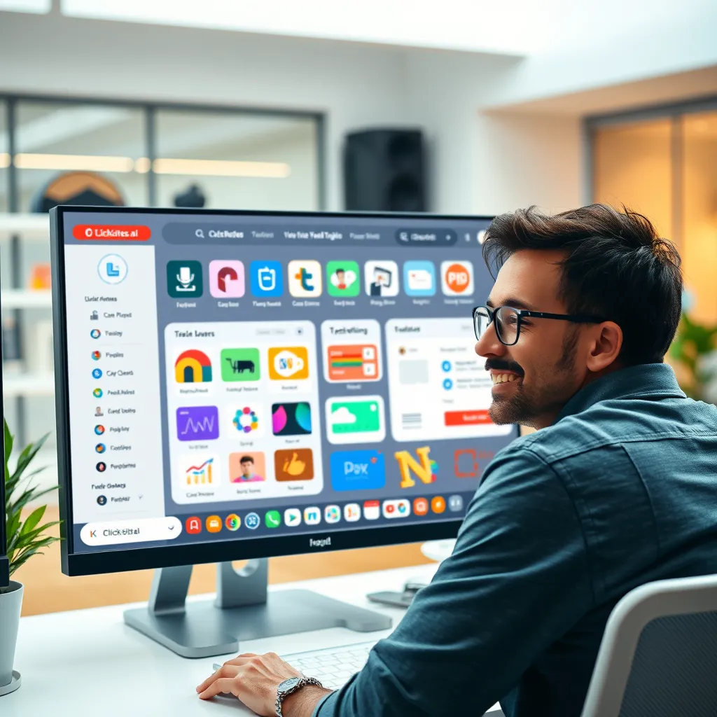 A photorealistic image showing a modern computer screen displaying the Clicksites.ai interface. The screen should show colorful and intuitive design tools, icons, and templates, with a person in the foreground looking pleased while exploring the functions, set in a bright and welcoming workspace.