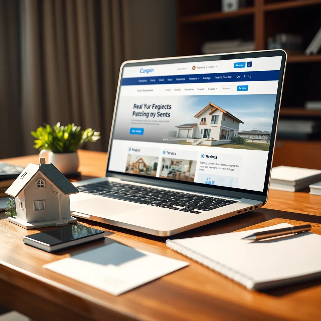 A sleek and modern real estate website on a laptop screen, surrounded by professional business elements like a small model house, business cards, and a notepad, set on a wooden desk. Natural light should illuminate the scene to convey a warm, trustworthy environment.