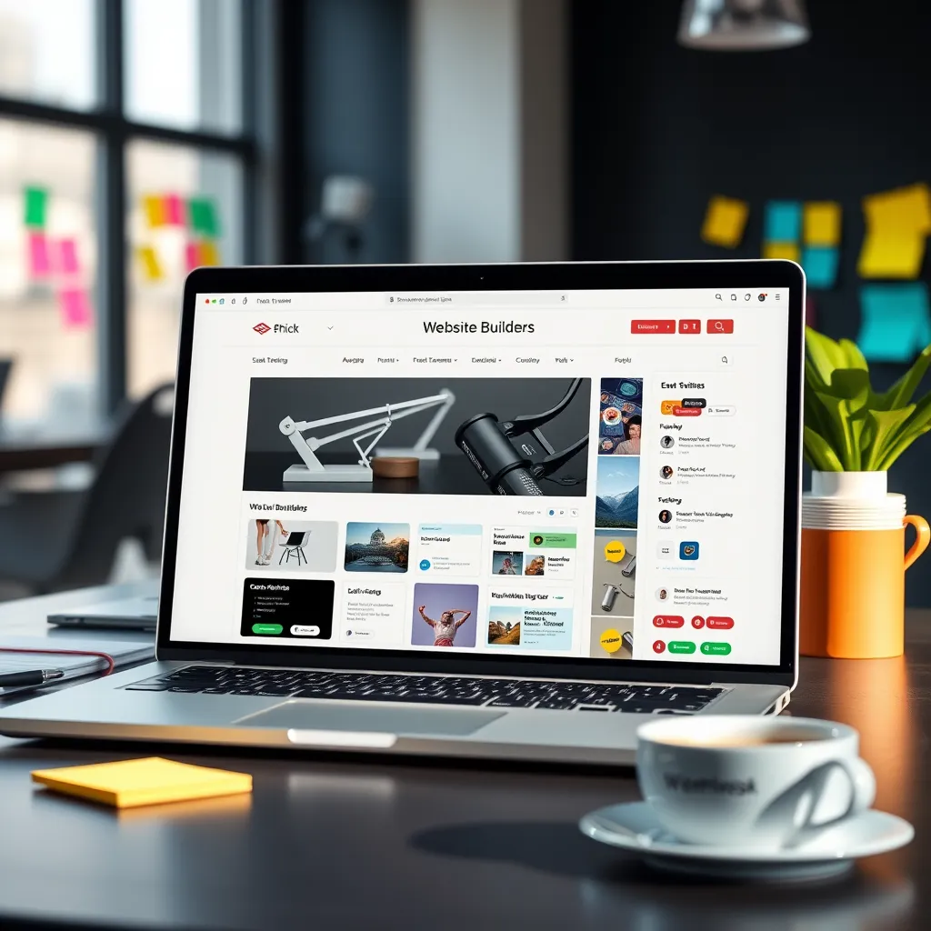 A user-friendly interface of a website builder on a laptop screen, showcasing various design templates and customization options. The background includes a modern office setting with colorful sticky notes and a cup of coffee, emphasizing creativity and ease of use.