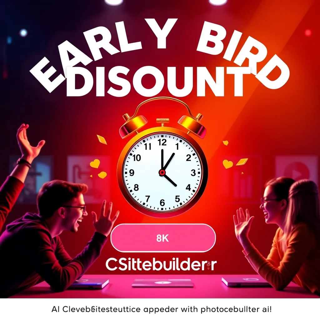 A vibrant promotional banner showcasing 'Early Bird Discounts' with a clock representing urgency. Use bright colors like red and yellow, along with graphics of excited users engaging with the CleverSitebuilder AI interface, all within a digital marketing context.