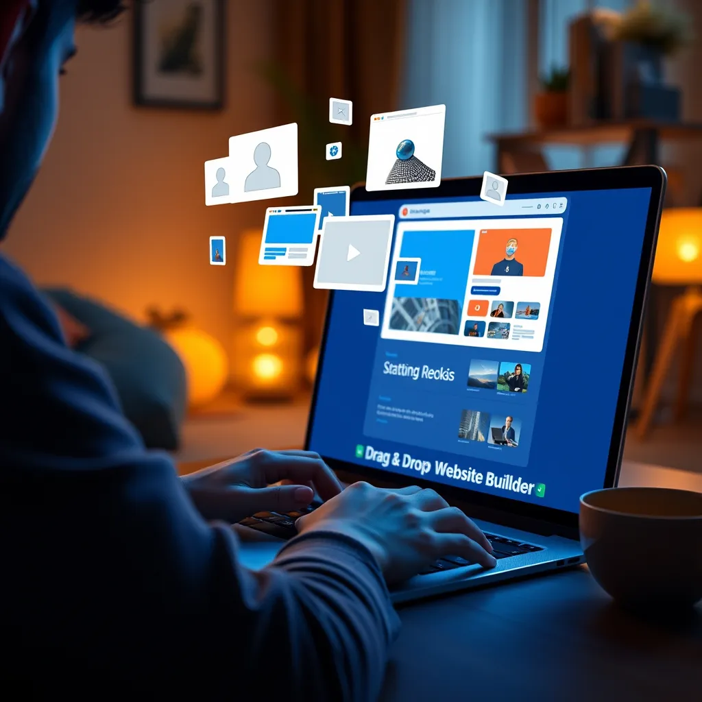 A vibrant scene of a person using a laptop with a drag-and-drop website builder open on the screen. Various elements like images, text blocks, and videos are illustrated floating above the mouse cursor, showcasing a dynamic and interactive design process in a cozy home setting.
