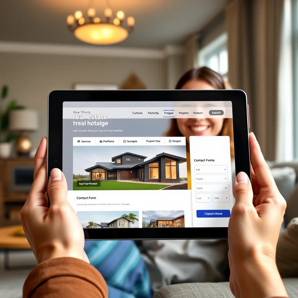 A visual representation of a user-friendly real estate website displayed on a tablet, with easy navigation features like search bars, property images, and contact forms. Background elements should include a smiling person interacting with the tablet in a cozy, modern living room setting.