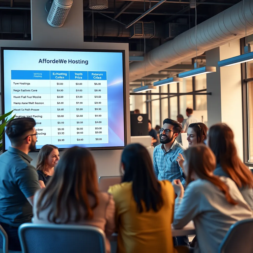 A visualization of affordable web hosting plans, featuring a comparison chart on a large screen showing prices and features. In the foreground, a group of diverse individuals discusses and celebrates their website going live, set in a bright, tech-savvy coworking space.