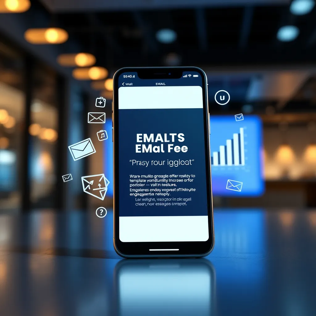 A visually appealing email template displayed on a smartphone, showcasing an engaging promotional message. The backdrop should illustrate digital marketing elements, like email icons and graphs indicating increased engagement, in a modern, clean ambiance.