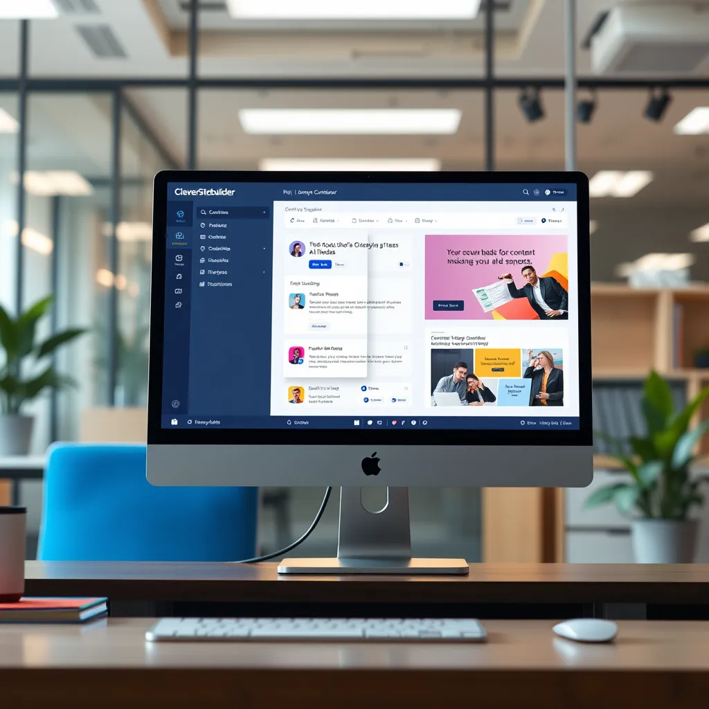 A visually appealing representation of a computer screen displaying the CleverSitebuilder AI interface, featuring drag-and-drop tools, content suggestions popping up, and a vibrant website template, all set in a contemporary office environment.