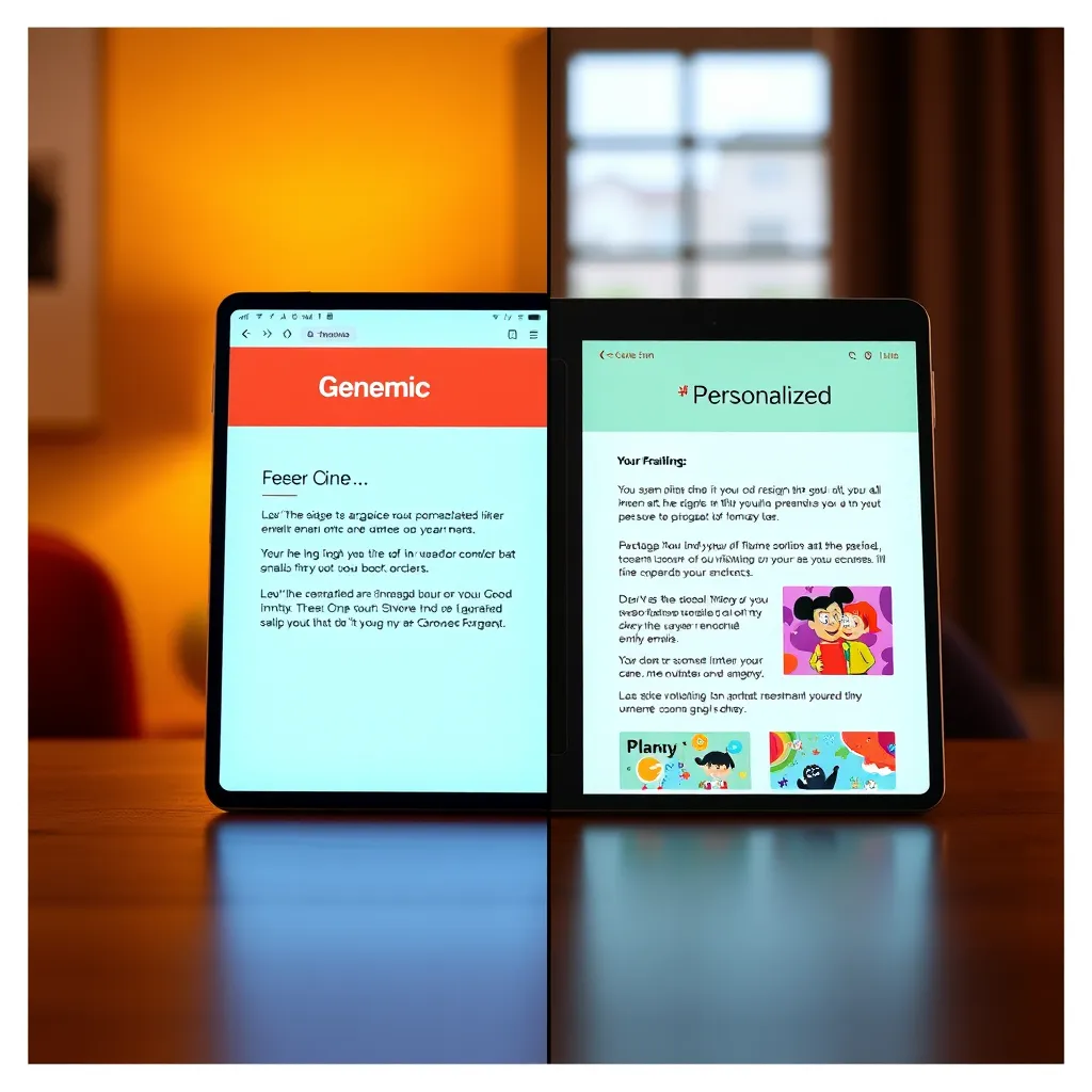 A visually appealing split-screen image showing two types of emails: one generic and one personalized. The personalized email features vibrant graphics, a friendly greeting, and relevant content, set against a warm, inviting background.