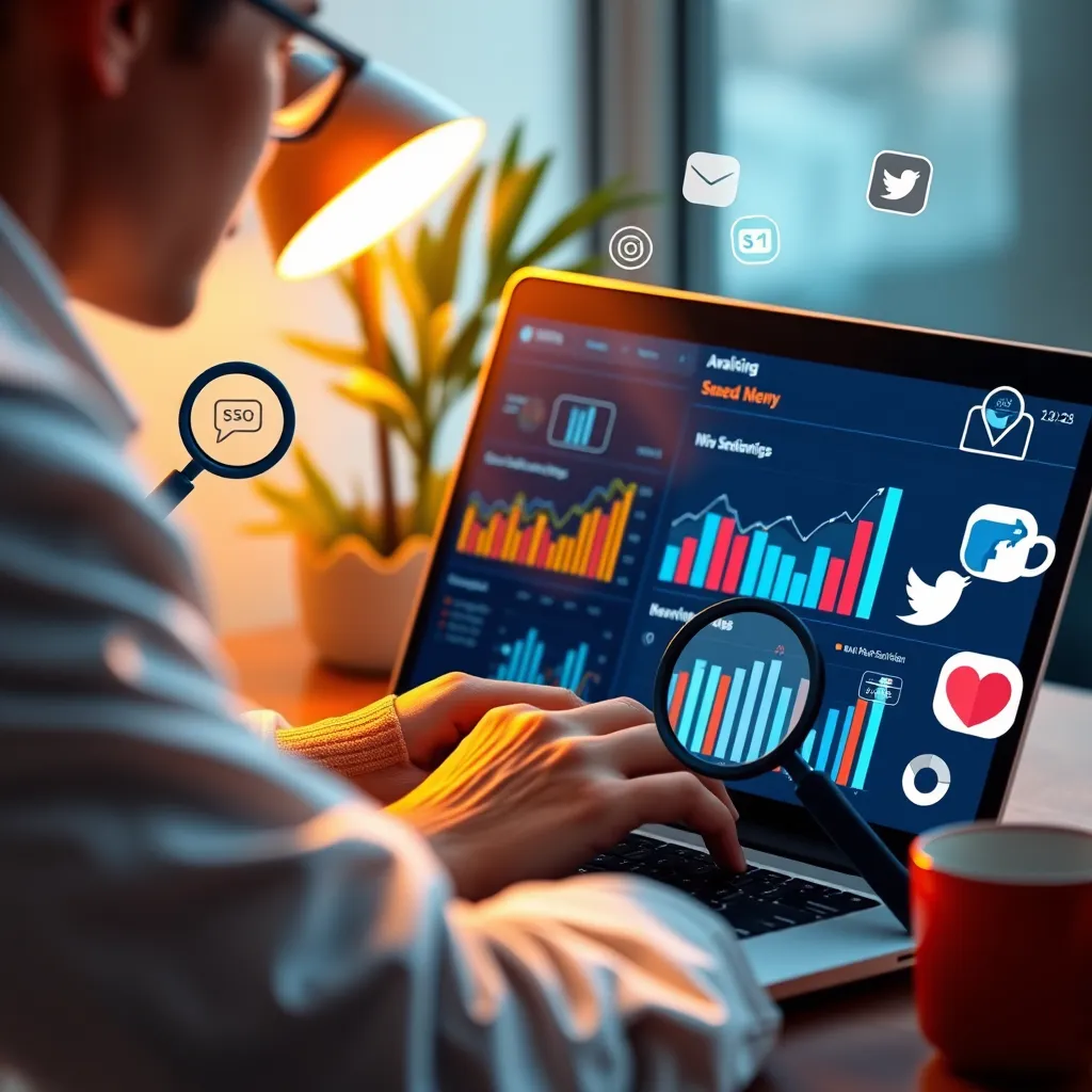 A visually engaging image of a person analyzing website performance on a laptop with graphs and SEO metrics on the screen. Surrounding the person are marketing icons like magnifying glasses and social media logos, signifying the marketing tools provided.