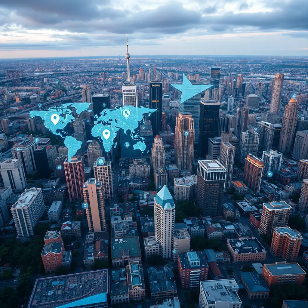 An aerial view of a diverse cityscape with digital maps and social media icons overlaying the skyline, symbolizing global connectivity. The image should also include various properties like residential, commercial, and luxury homes to represent the widening reach of real estate listings.