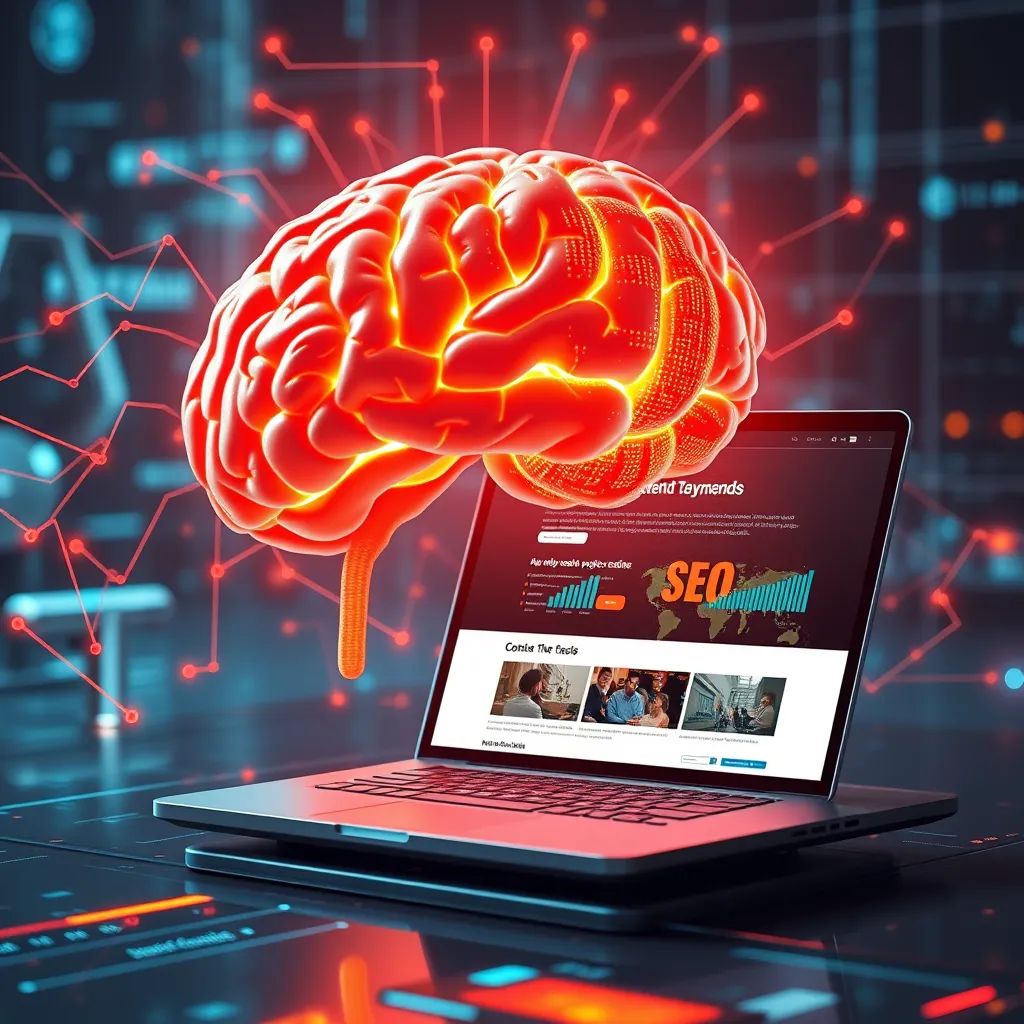 An AI brain with digital code and content flowing out towards an open laptop displaying a vibrant, well-structured website. The surrounding atmosphere should be futuristic and dynamic, featuring visual elements like SEO graphs and content snippets.