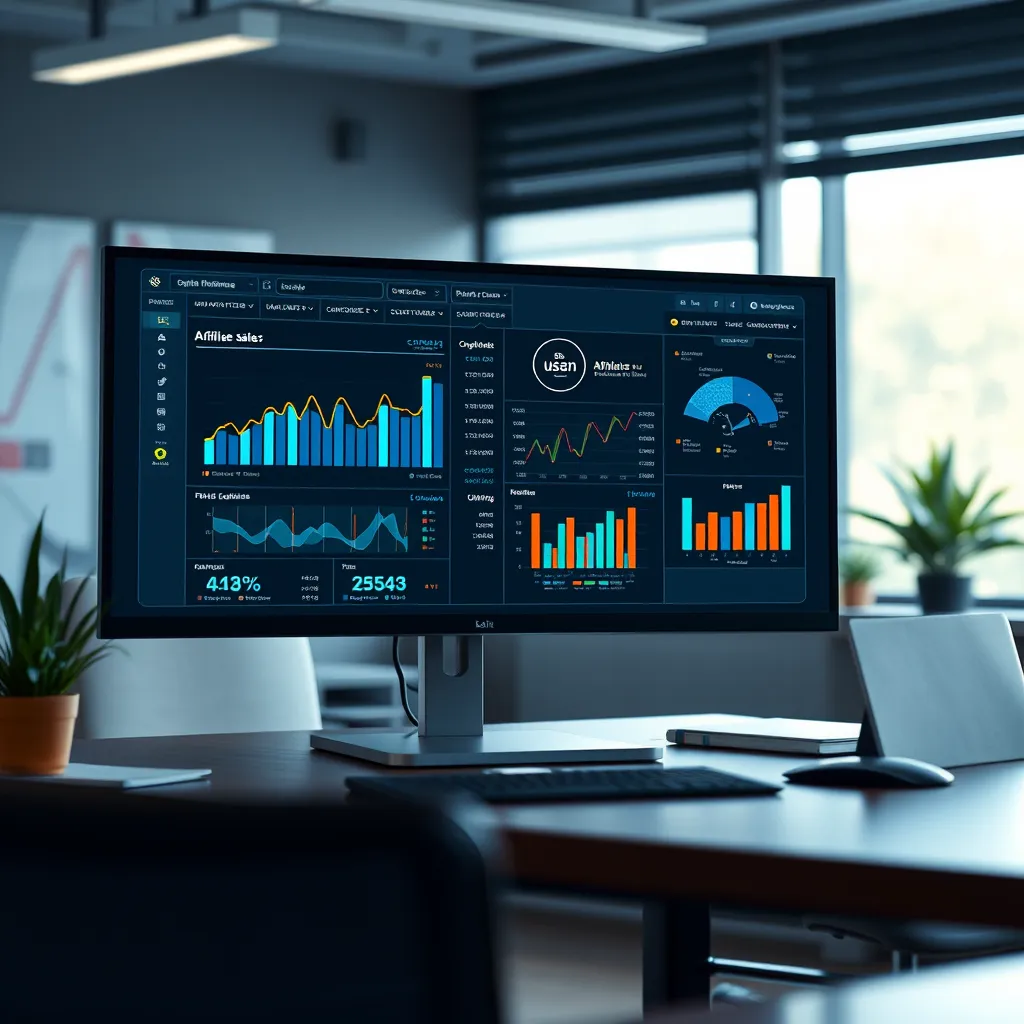 An analytical dashboard on a computer screen displaying graphs, charts, and performance metrics related to affiliate sales. The office environment should be professional and modern, highlighting a user's engaging with data and optimizing strategies.